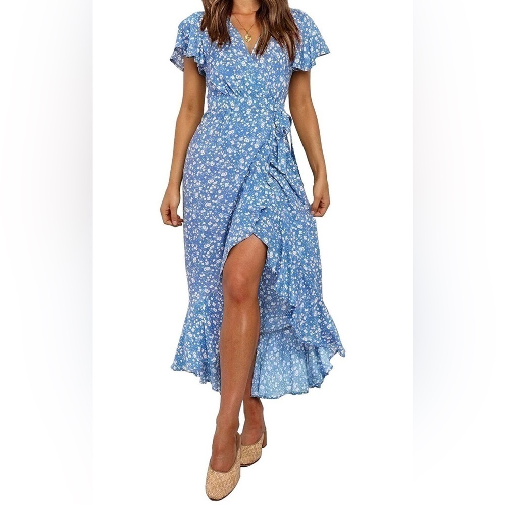 Women's Summer Floral Printed Wrap V Neck Beach Party Flowy Ruffle Midi …‌‌‍‍‍‍‍